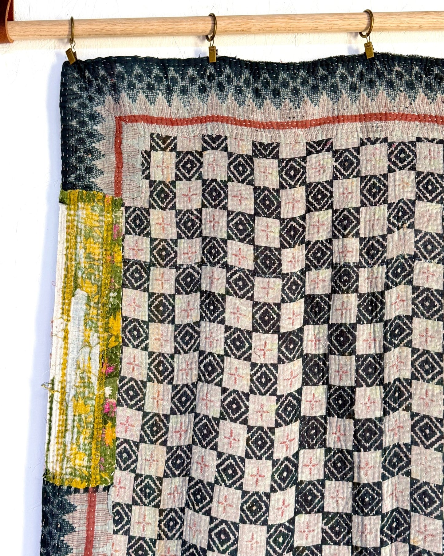 Extra Large Textured Vintage Kantha Quilt In Blue, Red and Green - Biggs & Hill