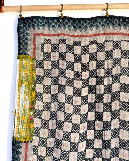 Extra Large Textured Vintage Kantha Quilt In Blue, Red and Green - Biggs & Hill