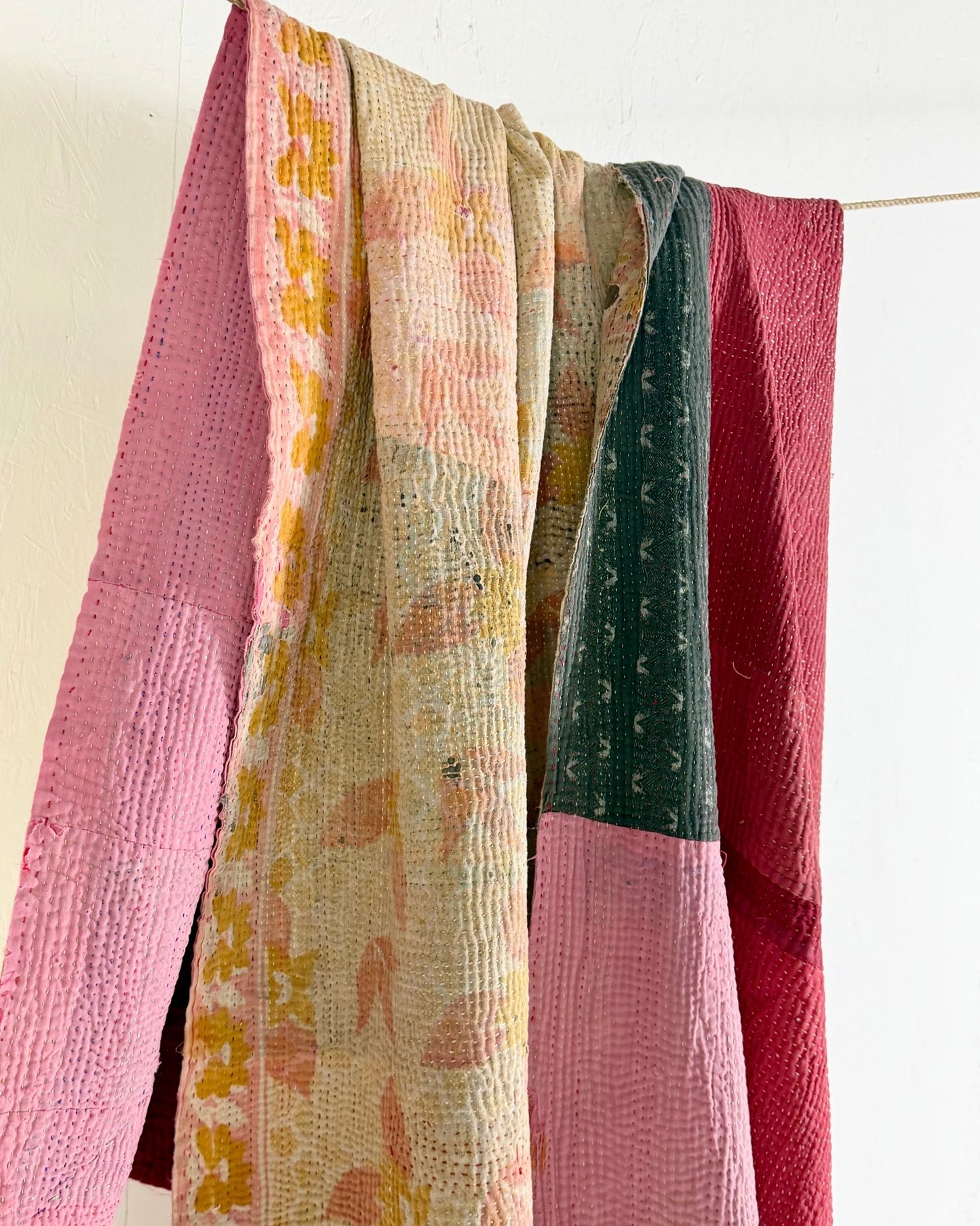 Fine Stitched Vintage Kantha Quilt in Vibrant Pink and Grey Patchwork - Biggs & Hill
