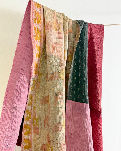 Fine Stitched Vintage Kantha Quilt in Vibrant Pink and Grey Patchwork - Biggs & Hill