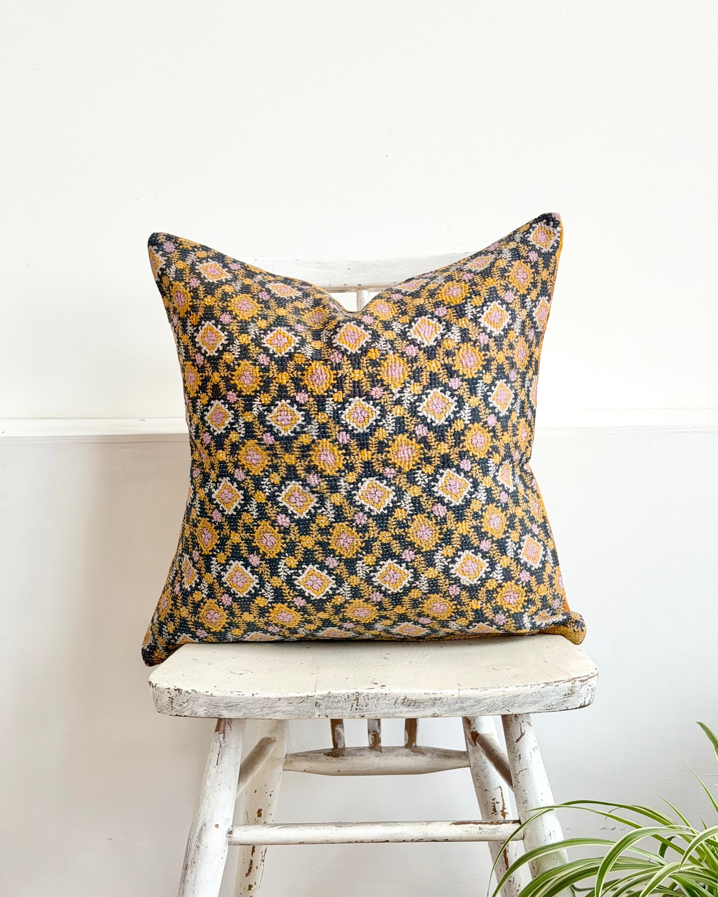 Vintage Kantha Cushion In Yellow and Blue - 45cm Square