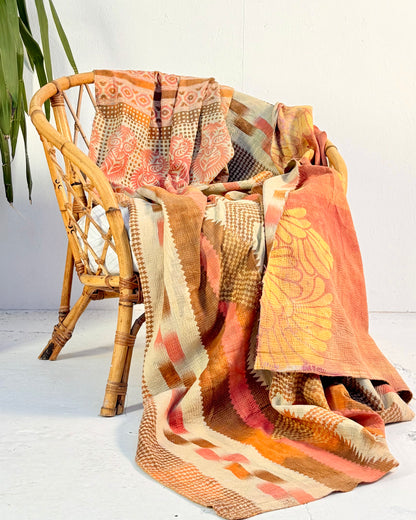 Large Fine Stitched Vintage Kantha Quilt in Peachy Pink Geometrics