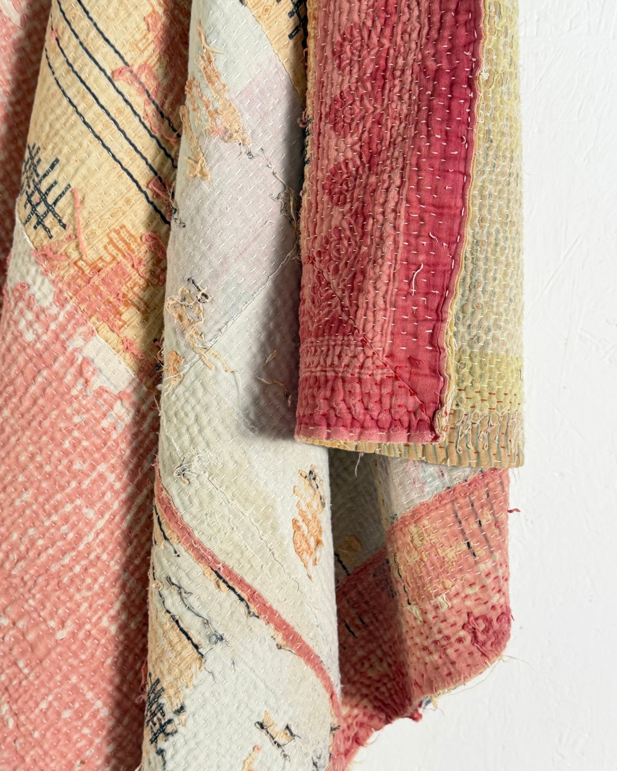 Large Textured Vintage Kantha Quilt in Peachy Pink and Yellow - Biggs & Hill