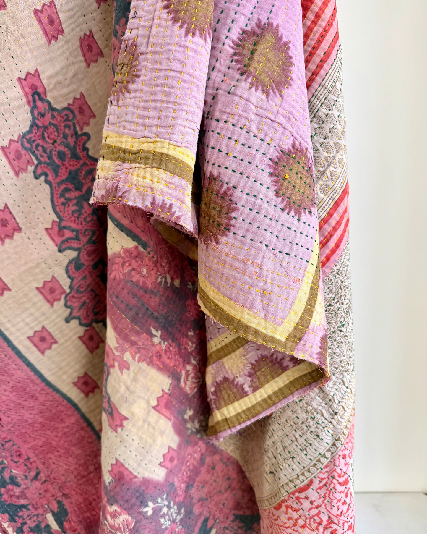 Fine Stitched Vintage Kantha Quilt in Super Soft Pink and Purple