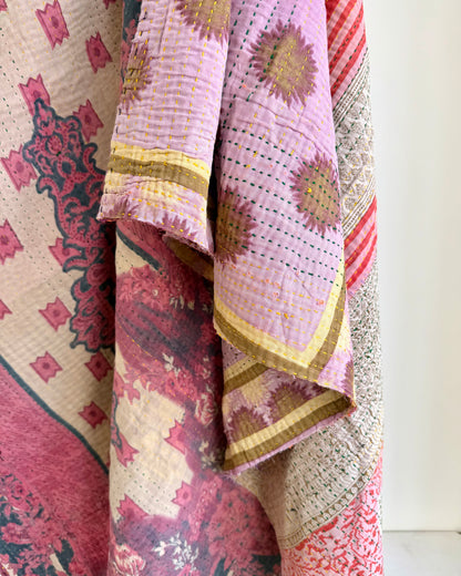 Fine Stitched Vintage Kantha Quilt in Super Soft Pink and Purple