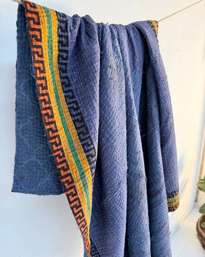 Indigo Print Kantha Quilt With Border