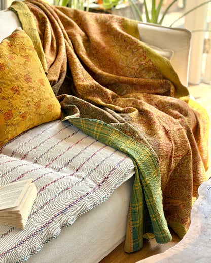 Ajrakh Printed Vintage Kantha Quilt In Green-Gold - Biggs & Hill