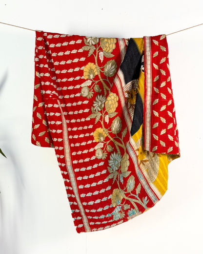 Large Fine Stitched Vintage Kantha Quilt in Pink, Red and Yellow