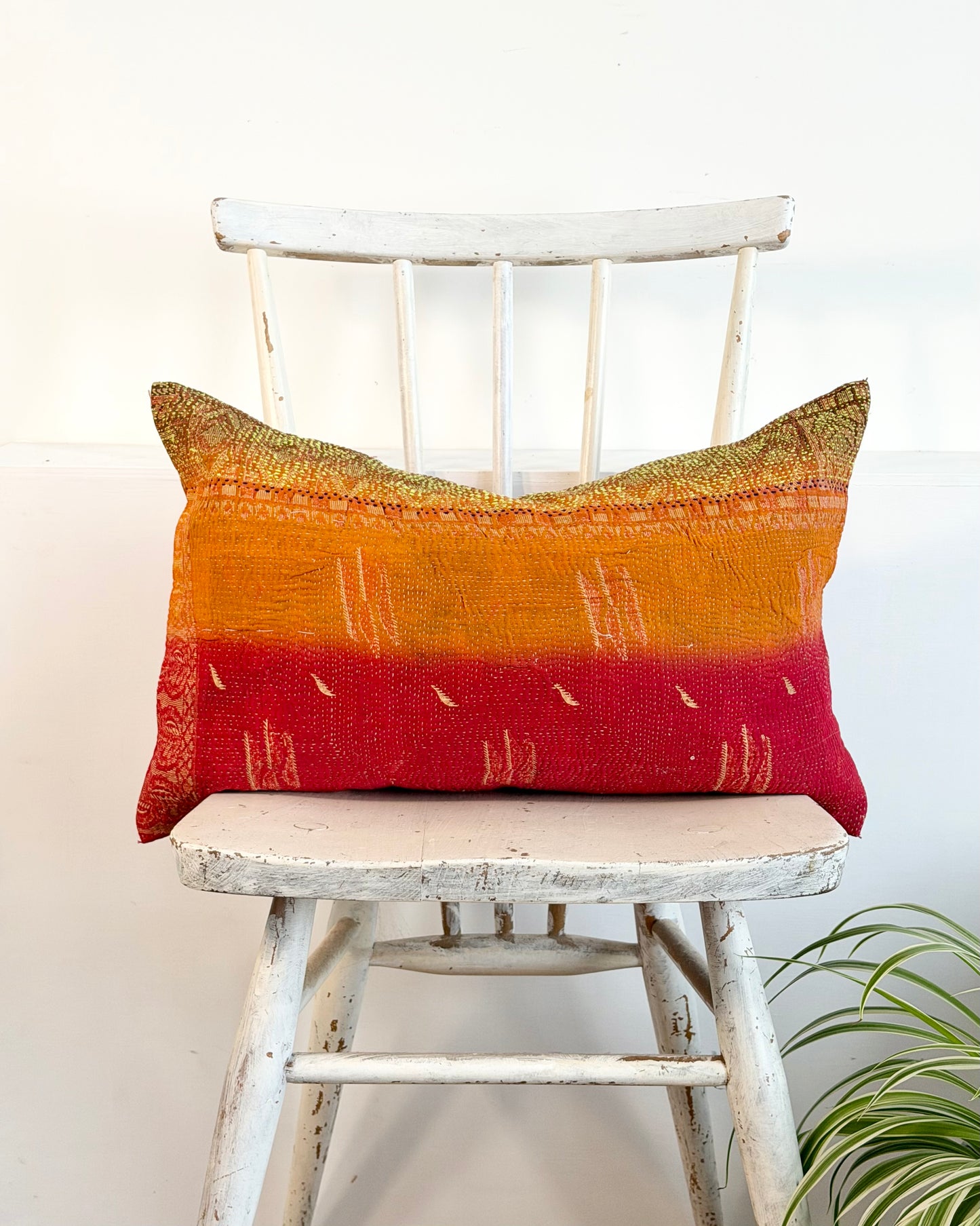 Vintage Kantha Cushion In Red Orange and Green - Small Rectangular