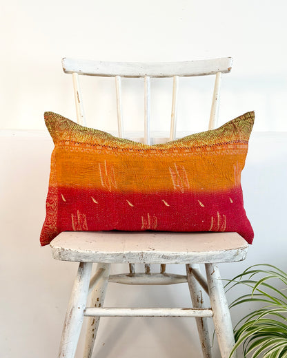 Vintage Kantha Cushion In Red Orange and Green - Small Rectangular