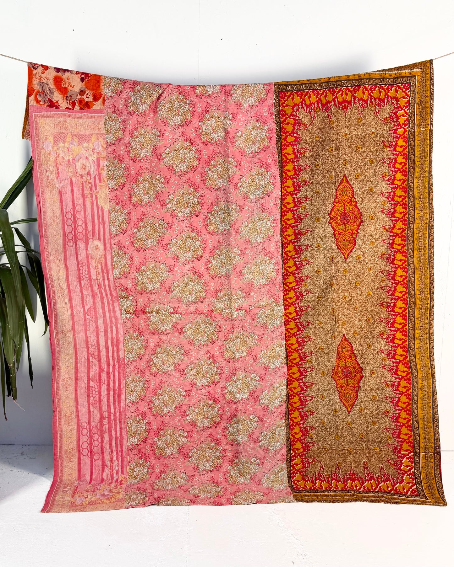 Extra Large Large Fine Stitched Vintage Kantha Quilt in Vibrant Pink, Turquoise, Mustard and Red