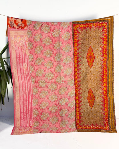 Extra Large Large Fine Stitched Vintage Kantha Quilt in Vibrant Pink, Turquoise, Mustard and Red