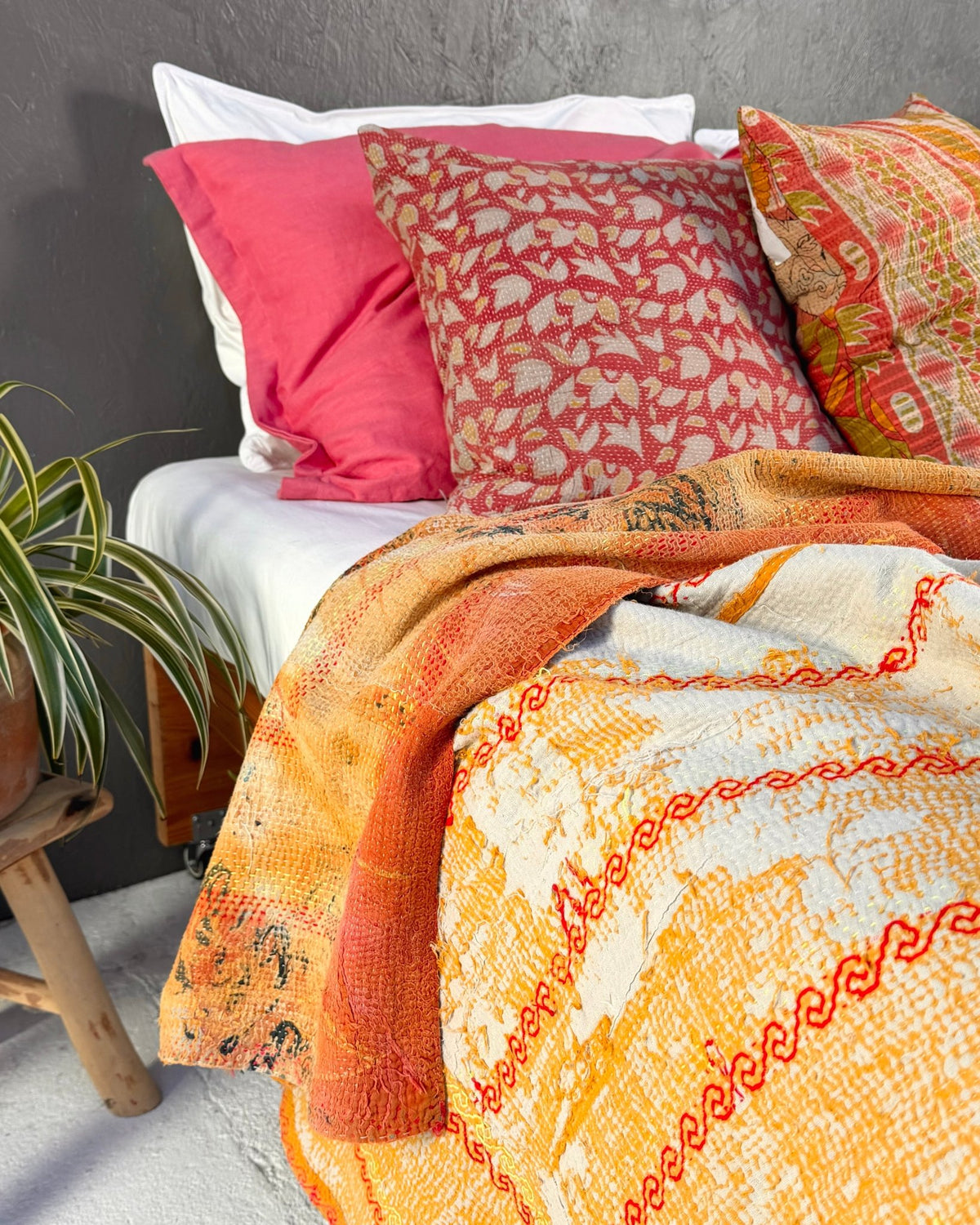 Embroidered Vintage Kantha Quilt in Yellow and Pink - Biggs & Hill