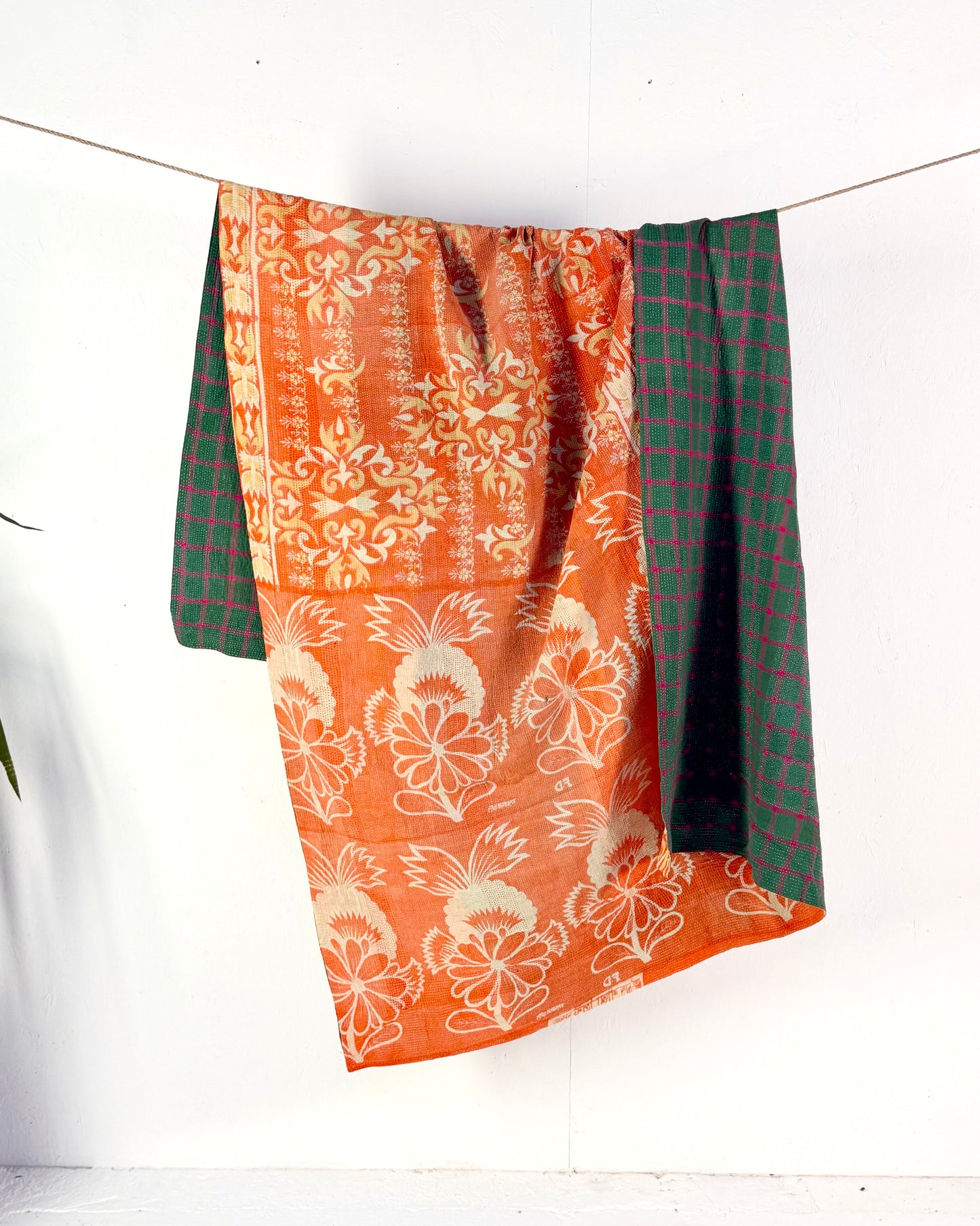 Large Fine Stitched Vintage Kantha Quilt in Orange and Green