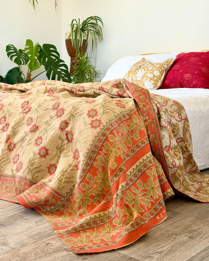 Large Fine Stitched Vintage Kantha Quilt in Orange and Beige