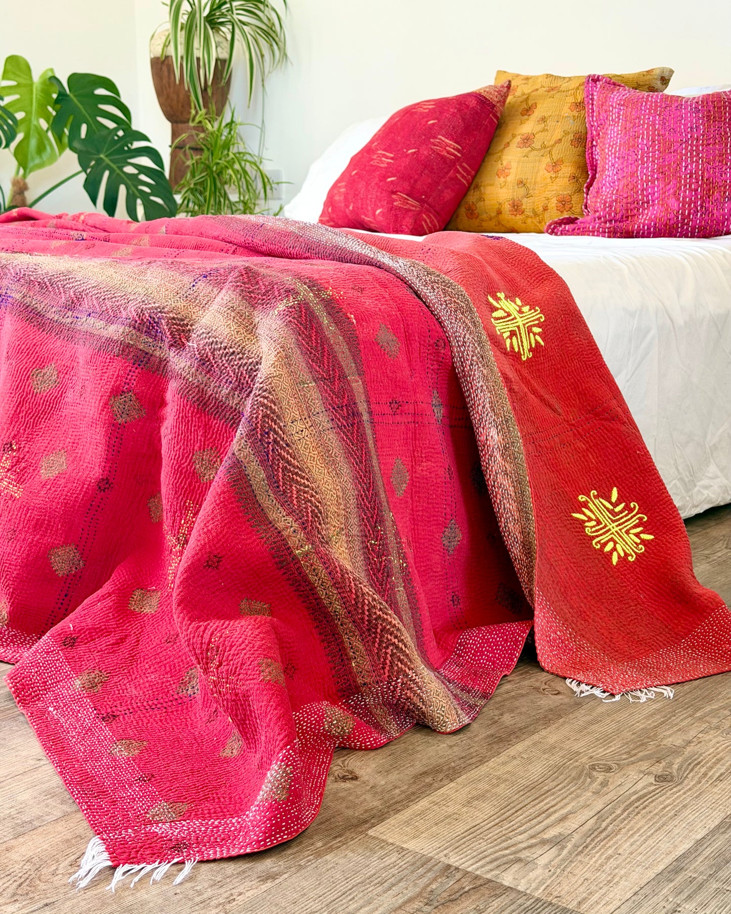 Large Embroidered Vintage Kantha Quilt in Red with Neon Embroidery