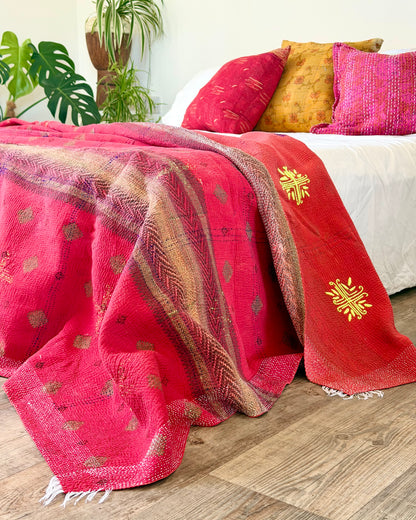 Large Embroidered Vintage Kantha Quilt in Red with Neon Embroidery