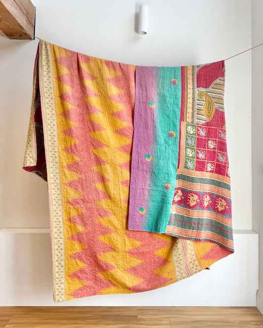 Super King Vintage Kantha Quilt in Yellow and Pink