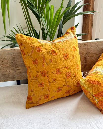 Vintage Kantha Cushion In Yellow Floral - 45cm Square
