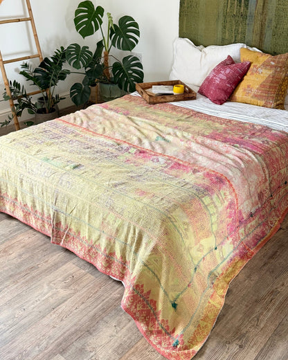 Large Textured Vintage Kantha Quilt In Soft Yellow, Green, Pink and Blue - Biggs & Hill
