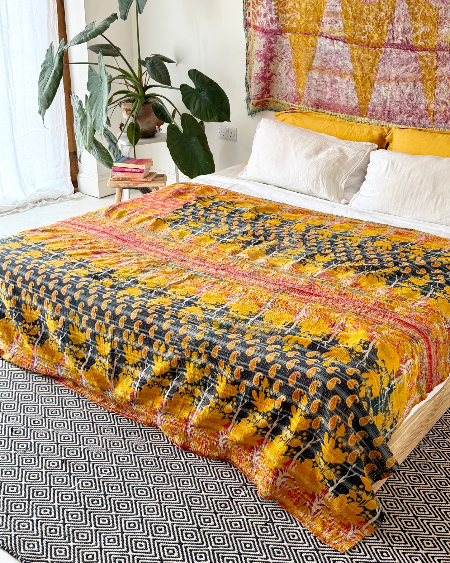 Extra Large Large Fine Stitched Vintage Kantha Quilt in Orange and Navy Blue