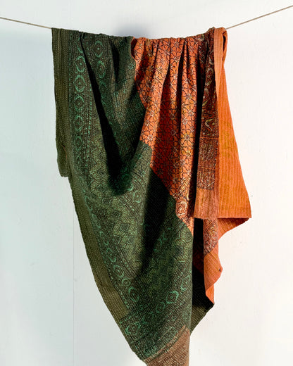 Project Kantha Quilt: Green and Orange with Ajrakh Print