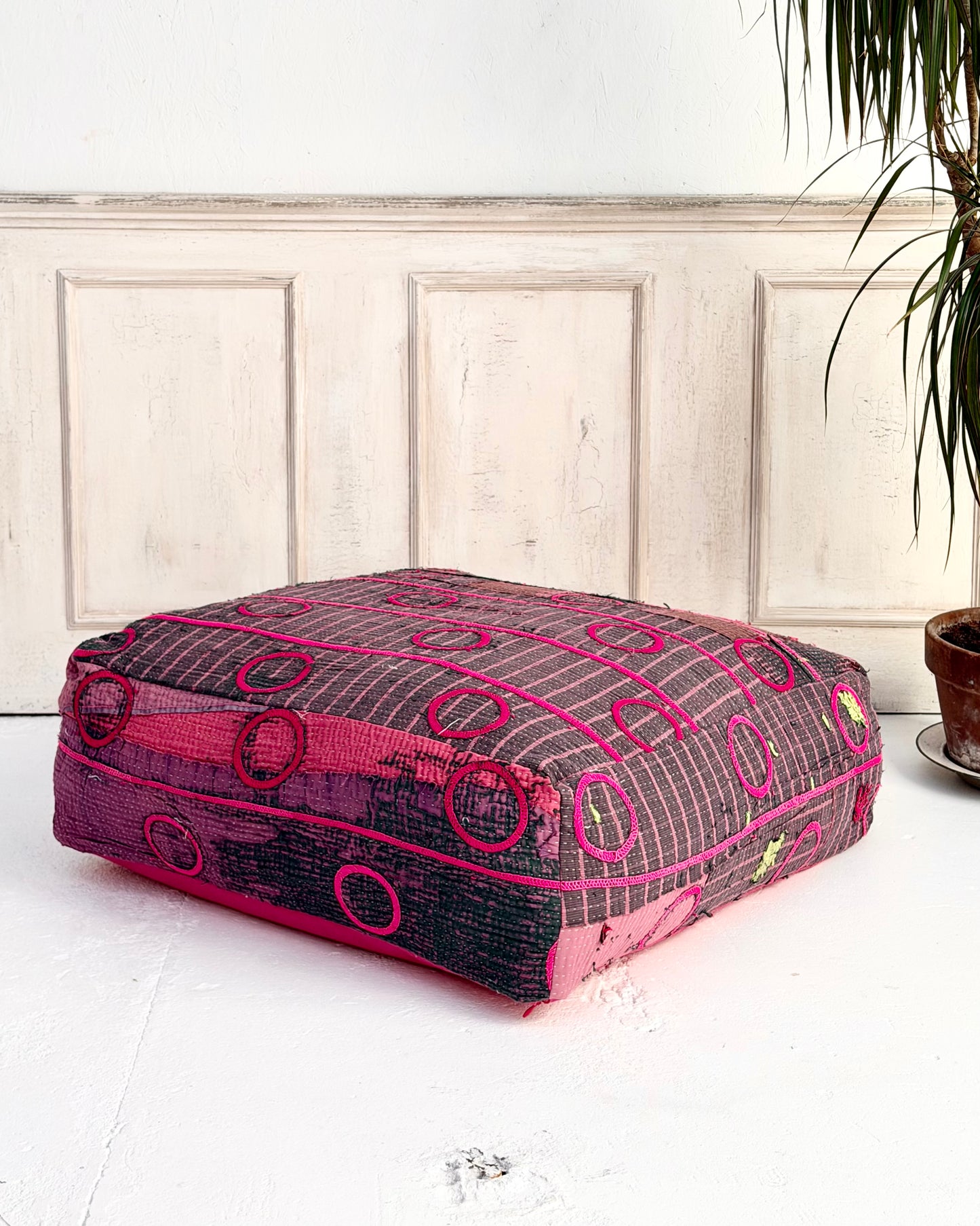 Large Square Kantha Floor Cushion Cover With Pink Circles