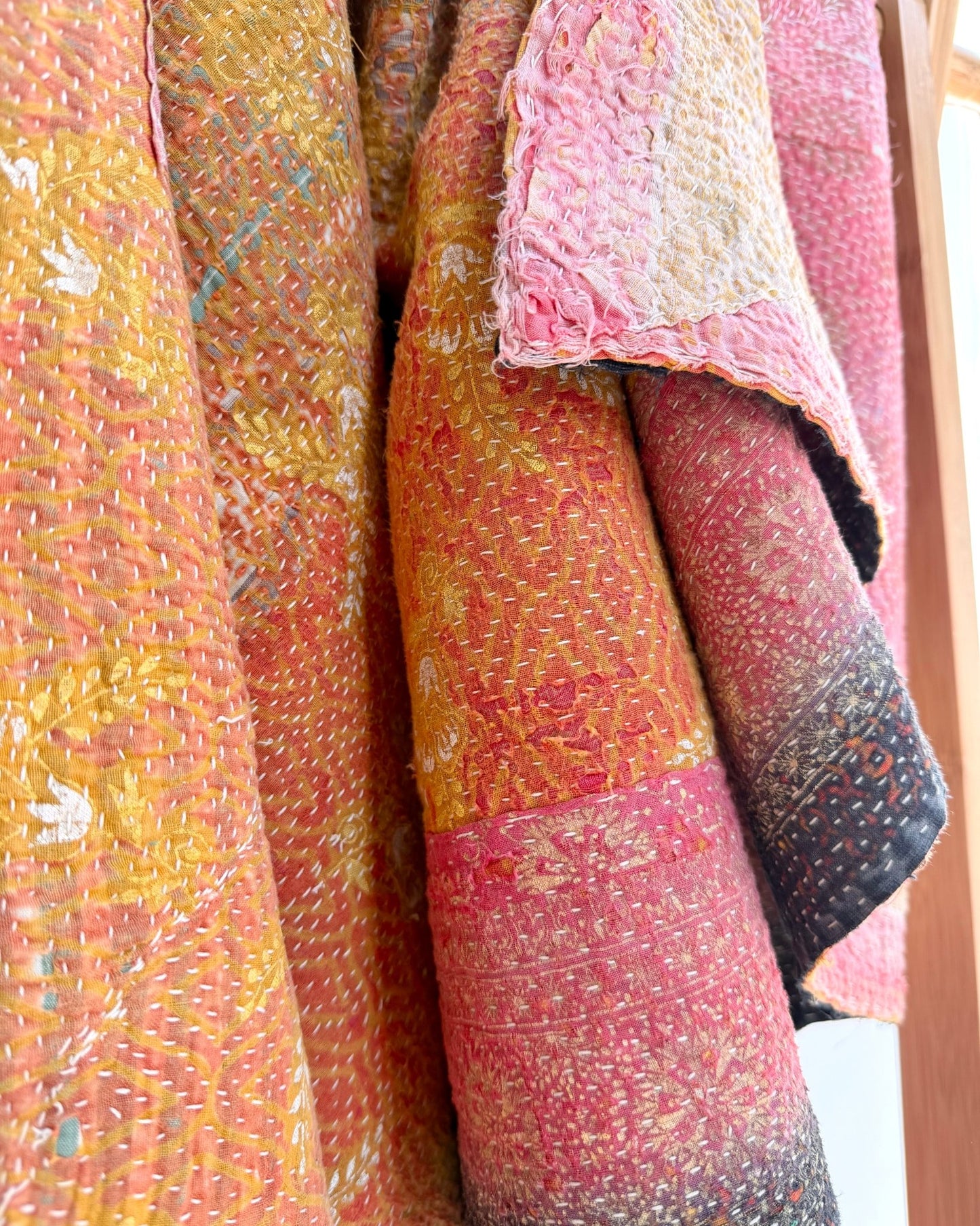 Large Textured Vintage Kantha Quilt In Yellow and Pink - Biggs & Hill