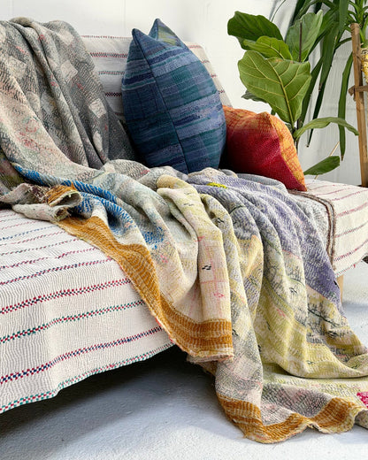 Textured Vintage Kantha Quilt In Blue and Gold - Biggs & Hill