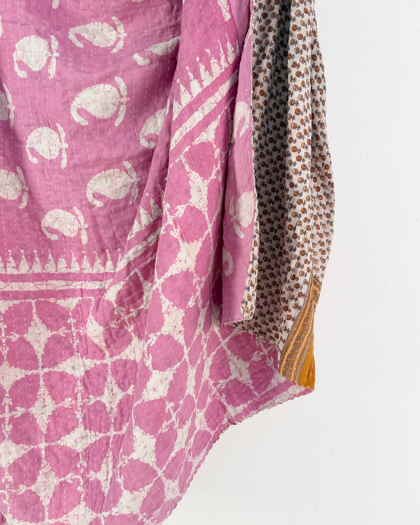 Vintage Cotton Kantha Quilt In Pink and Beige Floral #52