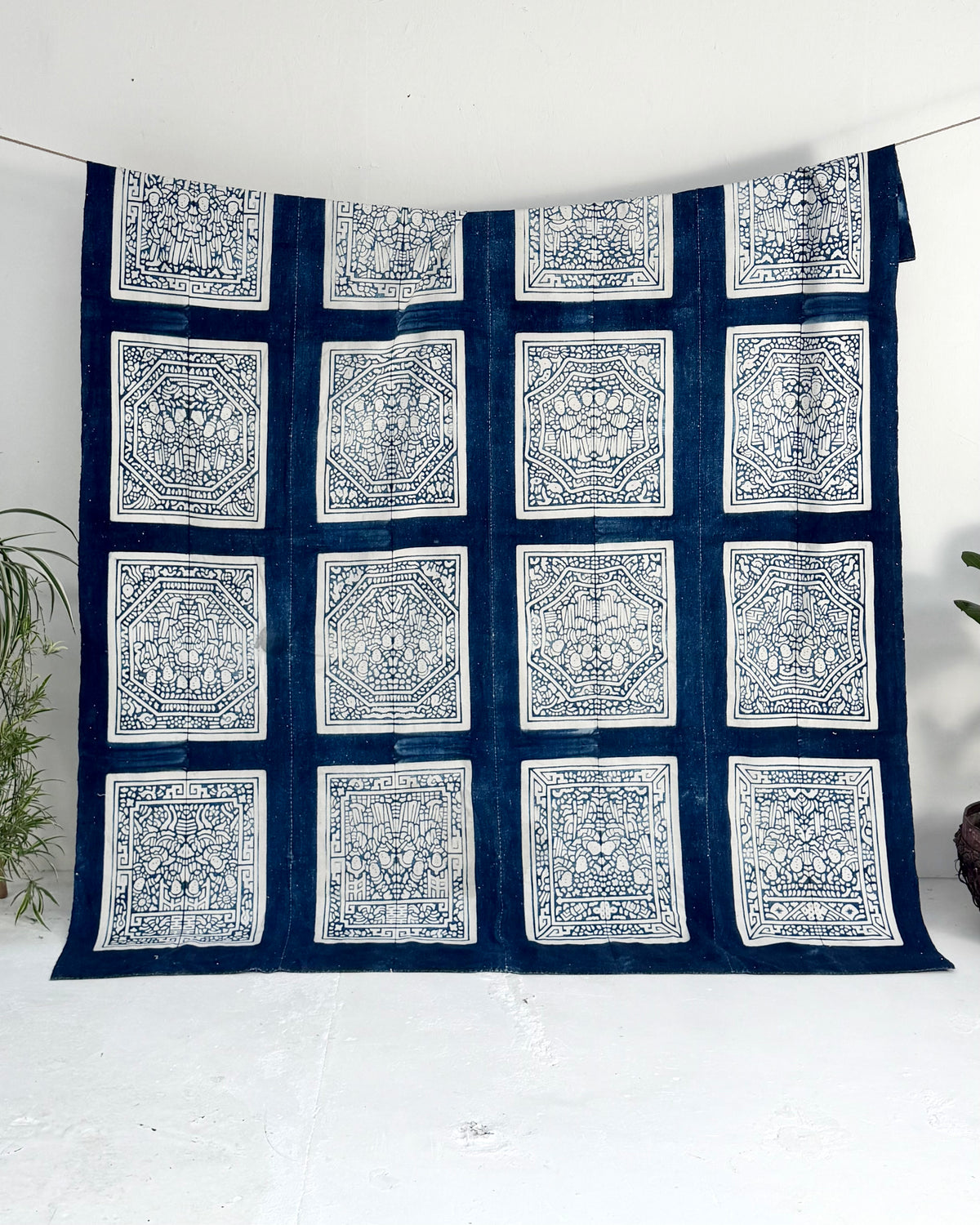 Vintage Chinese Blue Jiaxie Wedding Quilt Face – Drama Pattern