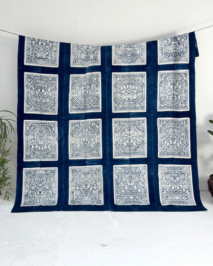 Vintage Chinese Blue Jiaxie Wedding Quilt Face – Drama Pattern