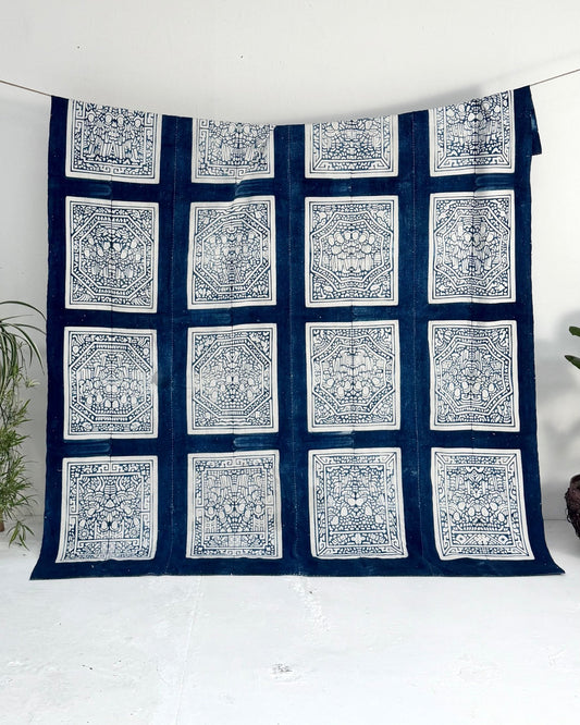 Vintage Chinese Blue Jiaxie Wedding Quilt Face – Drama Pattern - Biggs & Hill