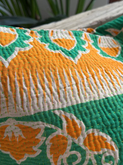 Vintage Kantha Cushion In Green and Orange- 45cm Square