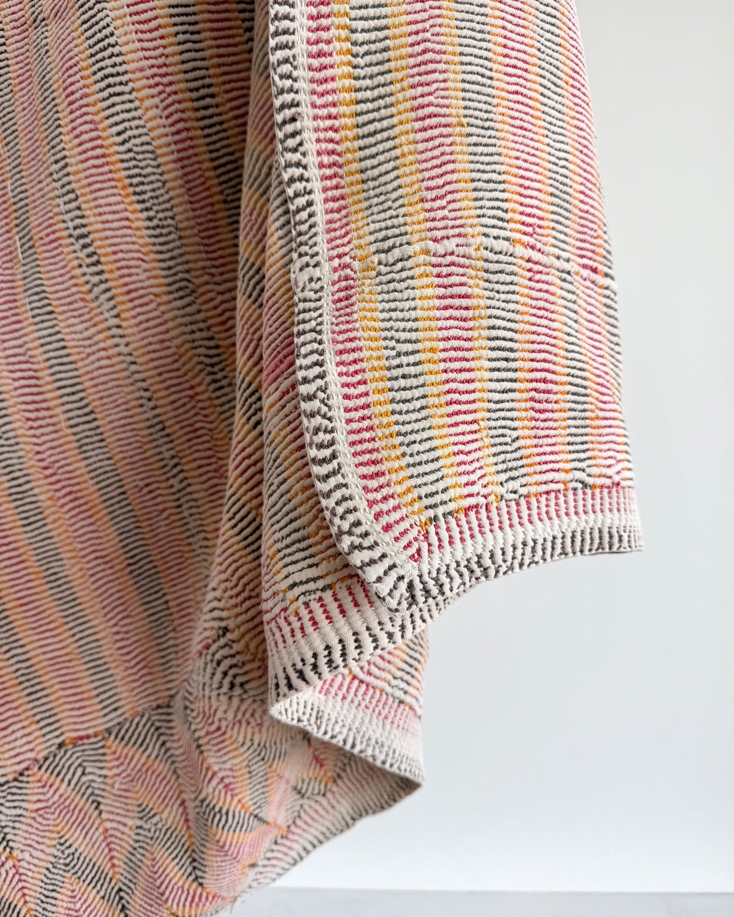 Small Heavy Vintage Lohori Kantha Quilt in Pink and Yellow Stripes - Biggs & Hill