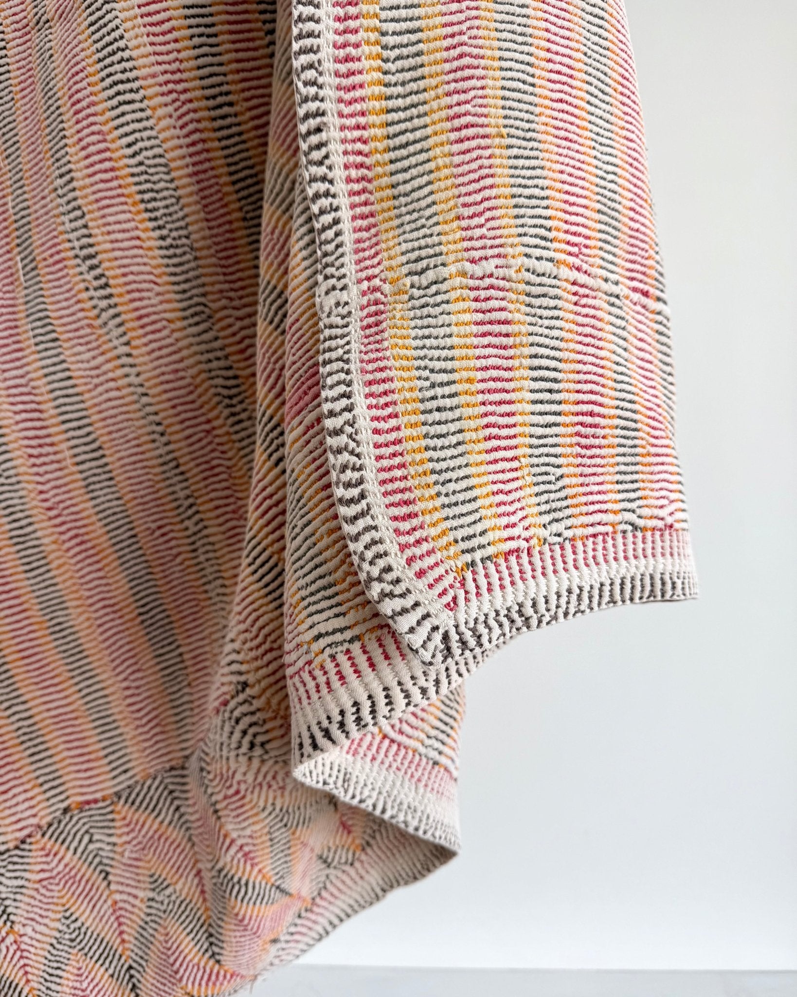 Small Heavy Vintage Lohori Kantha Quilt in Pink and Yellow Stripes - Biggs & Hill