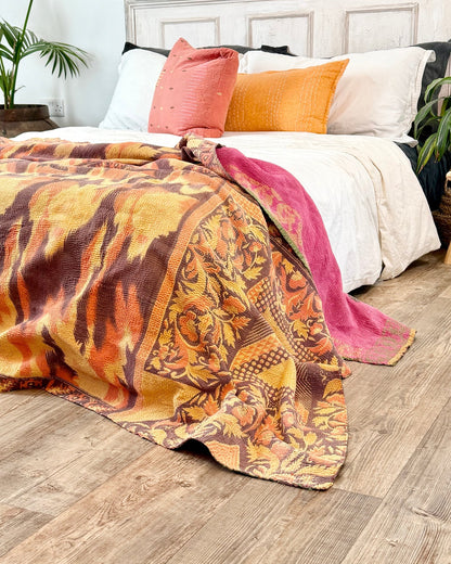 Large Fine Stitched Vintage Kantha Quilt With Yellow and Brown Flame Pattern - Biggs & Hill