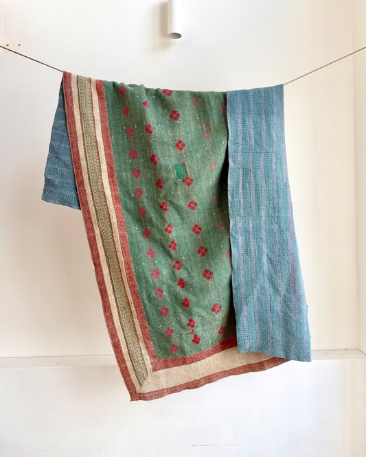 Fine Stitched Thick Vintage Kantha Quilt in Green With Red Embroidery - Biggs & Hill