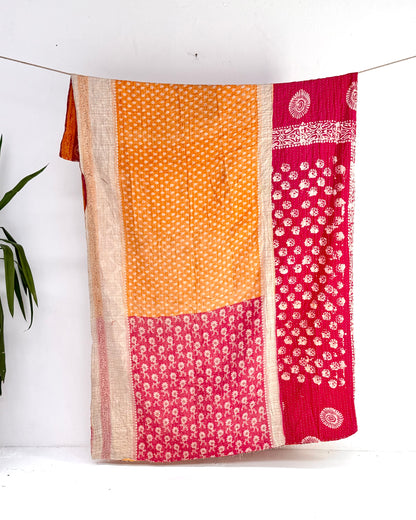 Vintage Cotton Kantha Quilt In Yellow and Pink #49