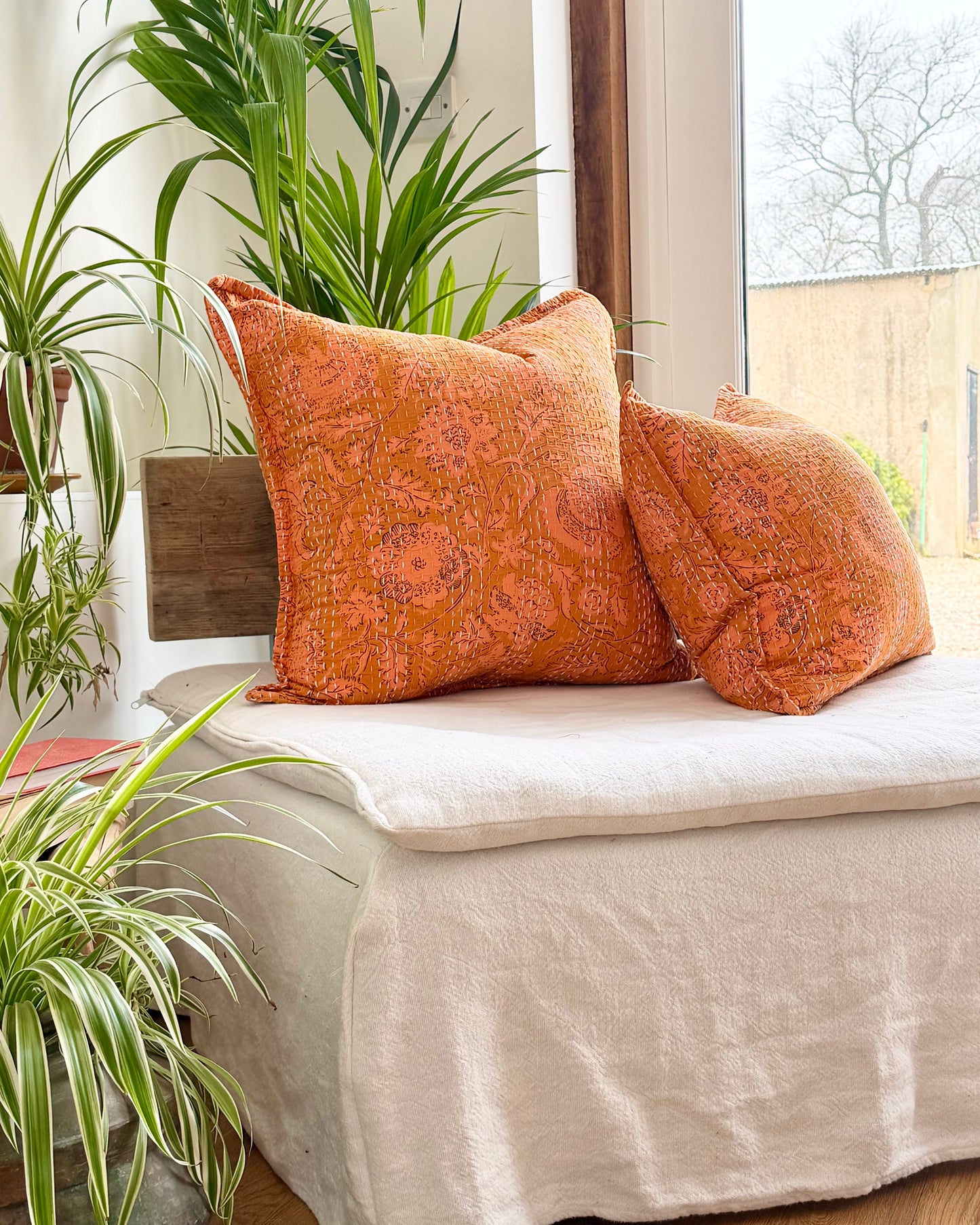 Sunset Orange Floral Block Printed Hand Stitched Square Kantha Cushion