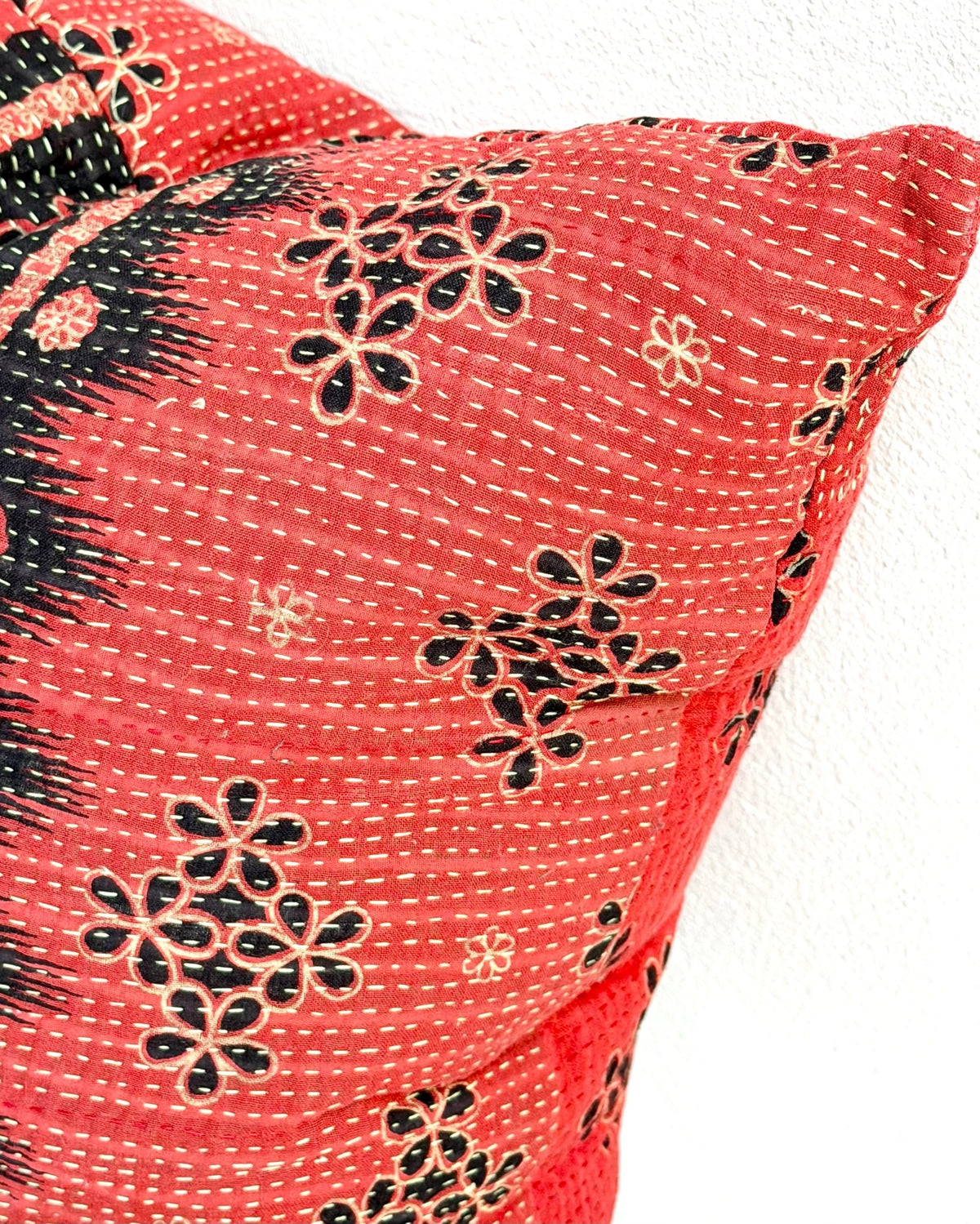 Handmade Reversible Vintage Kantha Cushion Cover In Red and Black - 45cm (18") - Biggs & Hill