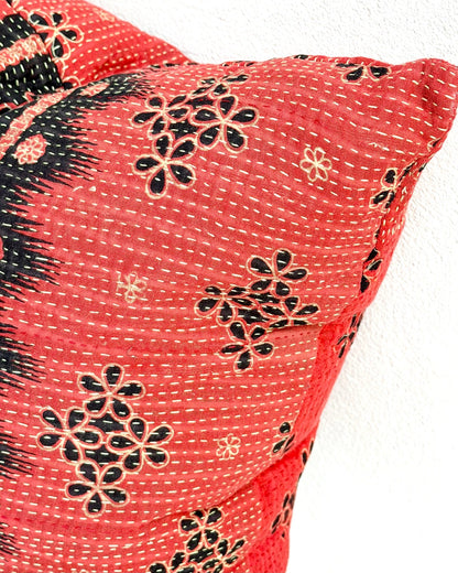 Handmade Reversible Vintage Kantha Cushion Cover In Red and Black - 45cm (18") - Biggs & Hill