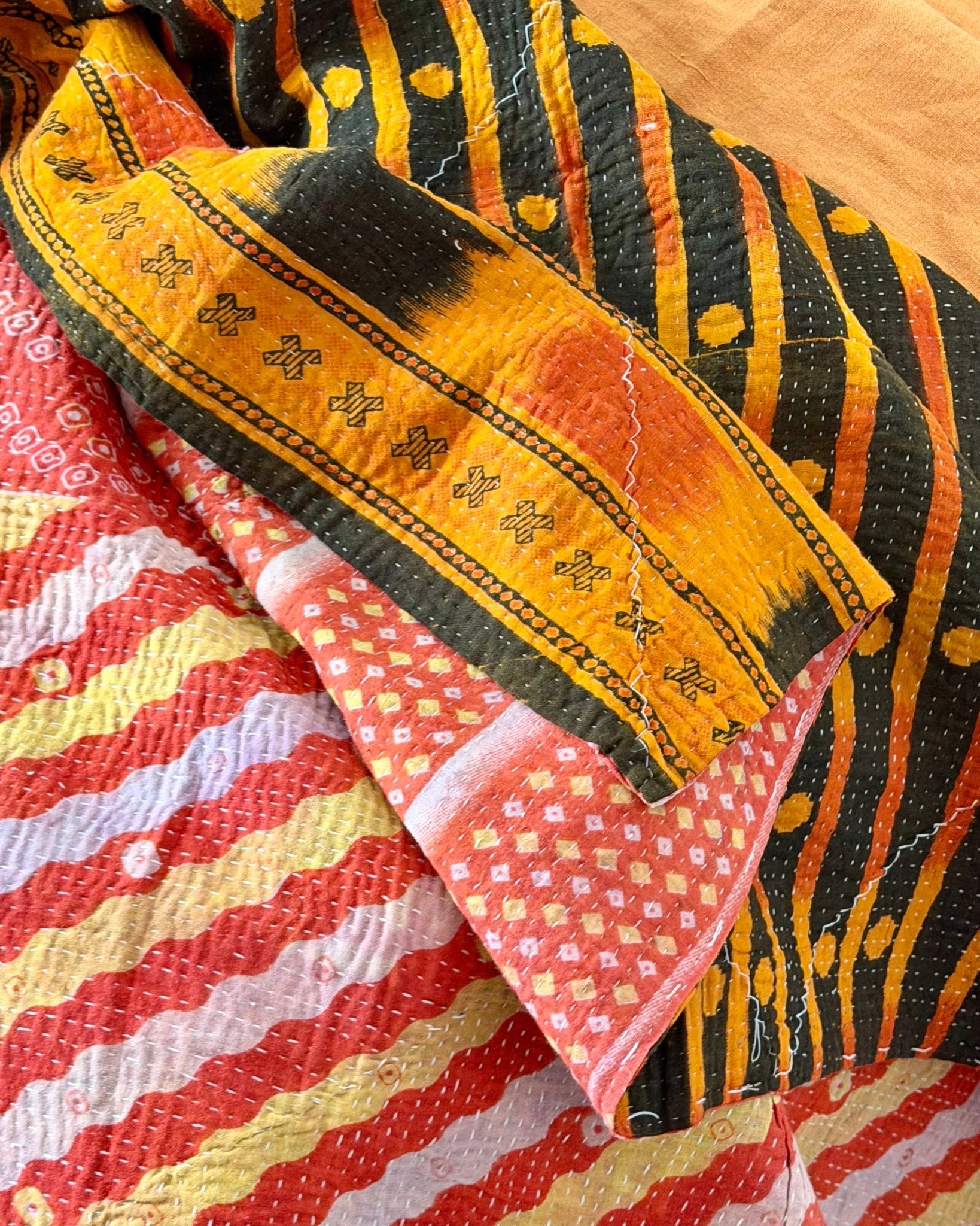 Large Fine Stitched Vintage Kantha Quilt in Orange, Black and Pink - Biggs & Hill