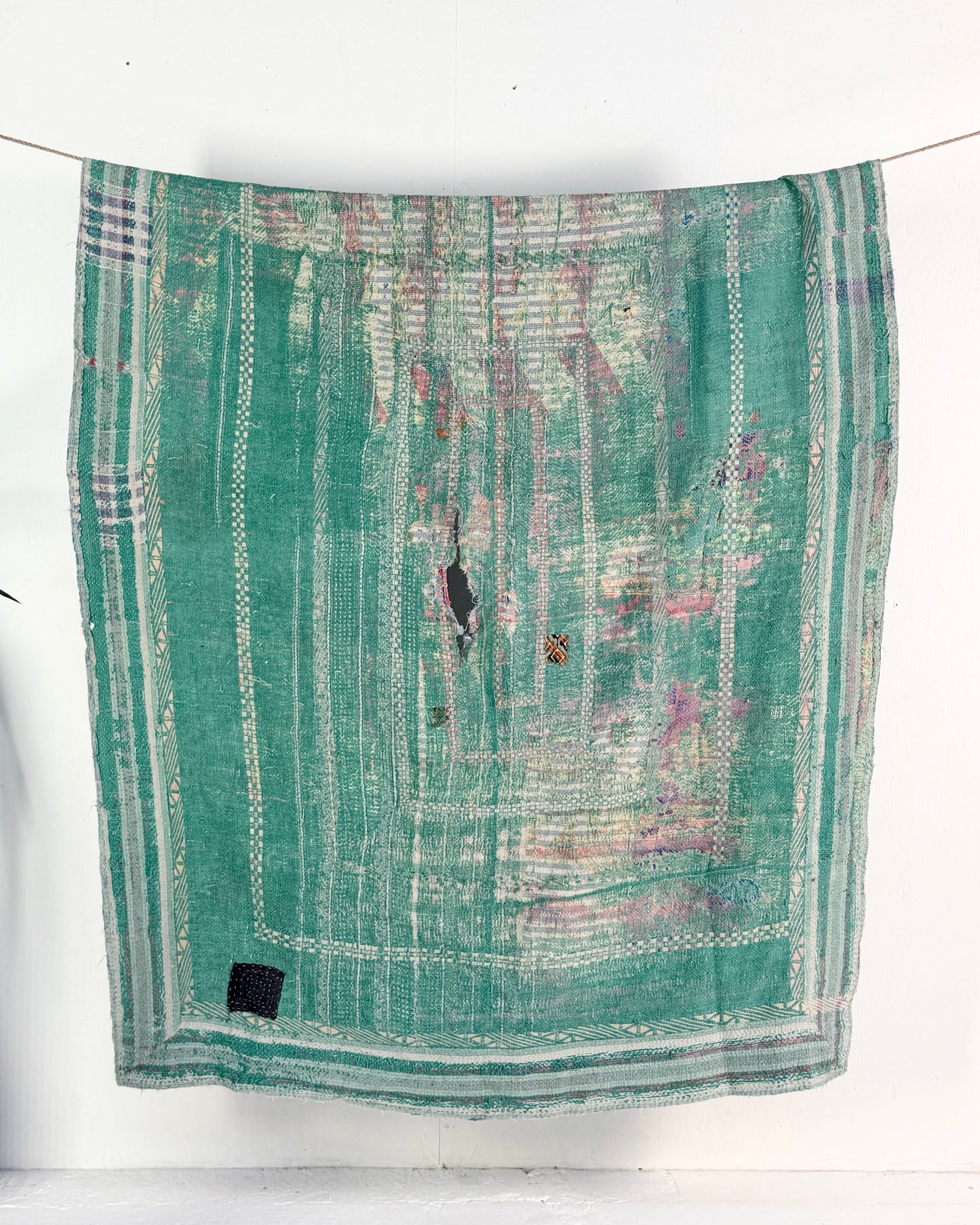 Project Kantha Quilt: Green and Blue With Authentic Aged Texture