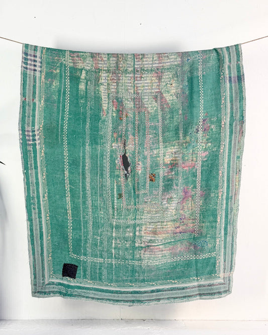 Project Kantha Quilt: Green and Blue With Authentic Aged Texture - Biggs & Hill