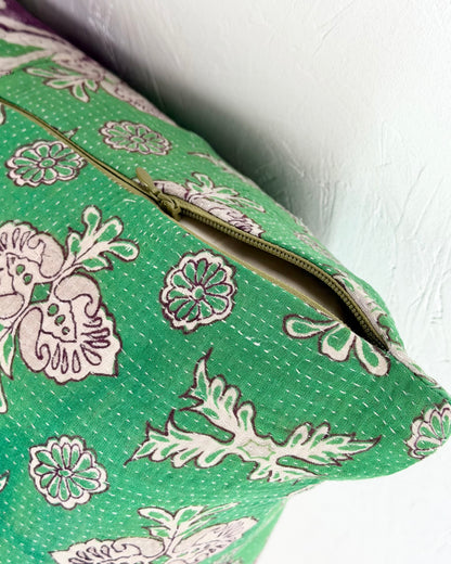 Handmade Vintage Kantha Cushion Cover In Green and Purple - 45cm (18") Square