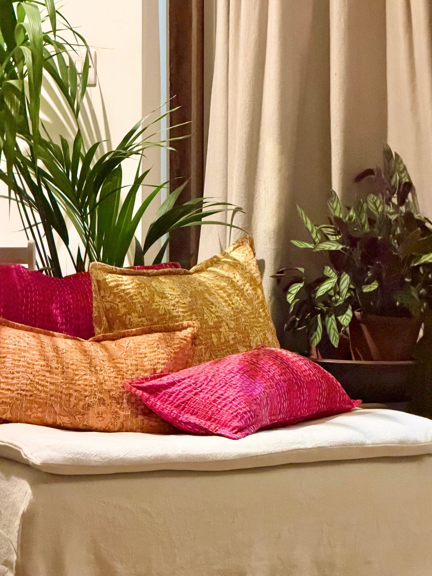 Sunset Orange Floral Block Printed Hand Stitched Rectangular Kantha Cushion - Biggs & Hill