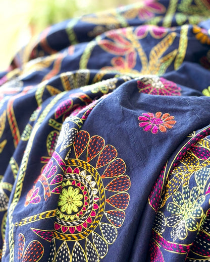 Embroidered Handmade Revival Nakshi Kantha Bedcover in Deep Blue - Biggs & Hill