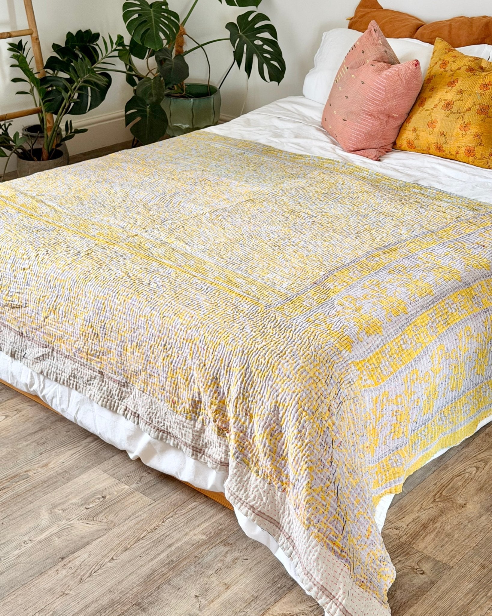Large Textured Vintage Kantha Quilt In Geometric Peach and Black - Biggs & Hill