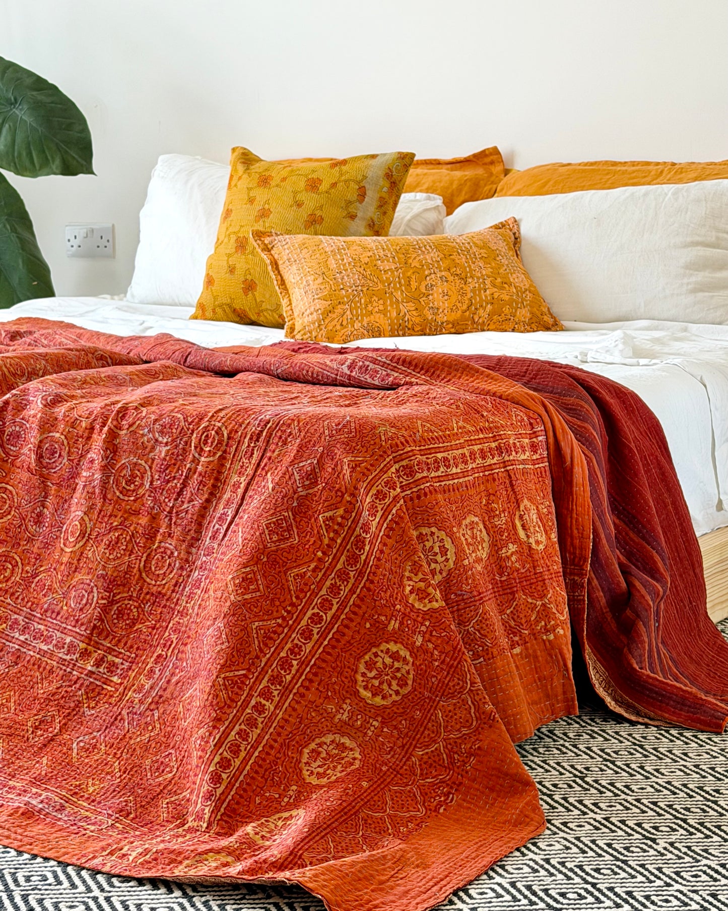 Extra Large Ajrakh Printed Vintage Kantha Quilt In Deep Red